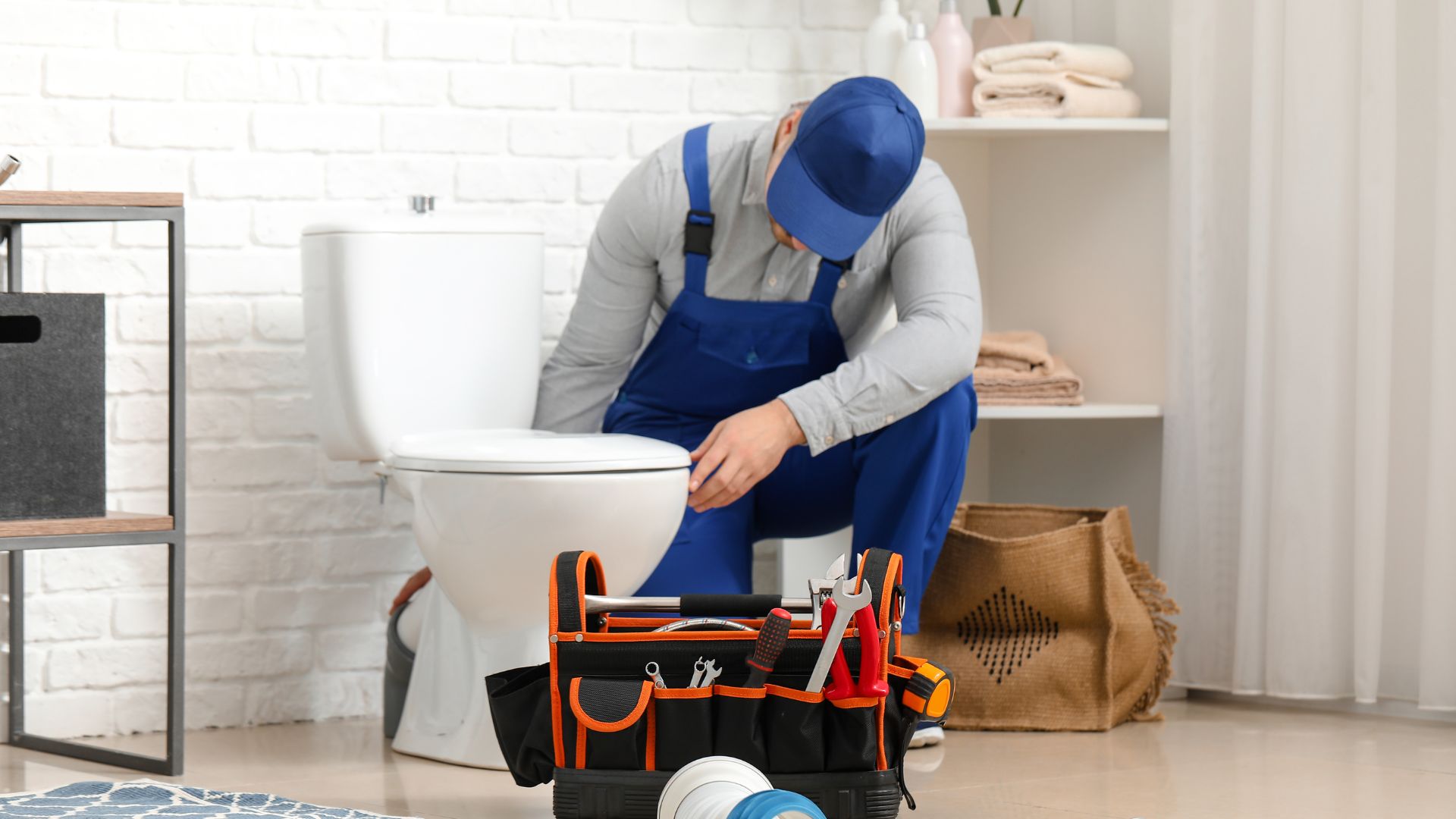 Plumber in blue overalls fixing toilet with tool bag nearby
