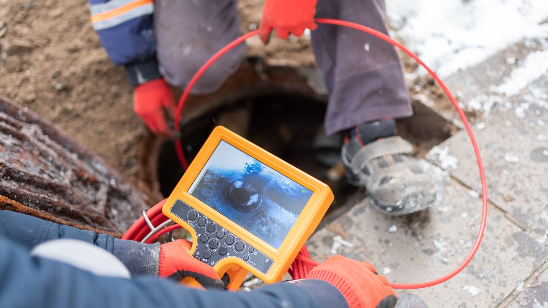 Technician using handheld device to inspect underground pipe or utility